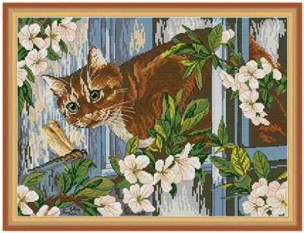 Набор для вышивания по нанесённой на канву схеме "Cat and dragonflie". AIDA 14CT printed 42*33 см