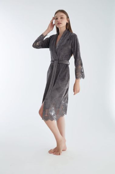 Жіночий халат Nusa 0383-1 велюровий з мереживом, антрацитовий S | Зображення 1
