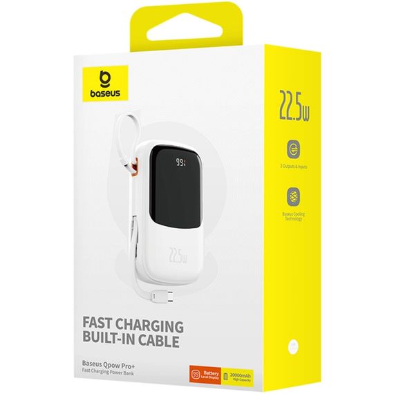 УМБ Baseus Qpow Pro+ 20000mAh 22,5W,1xLightning,1xUSB-A,1xType-C,with built-in USB-C Cable White | Зображення 4