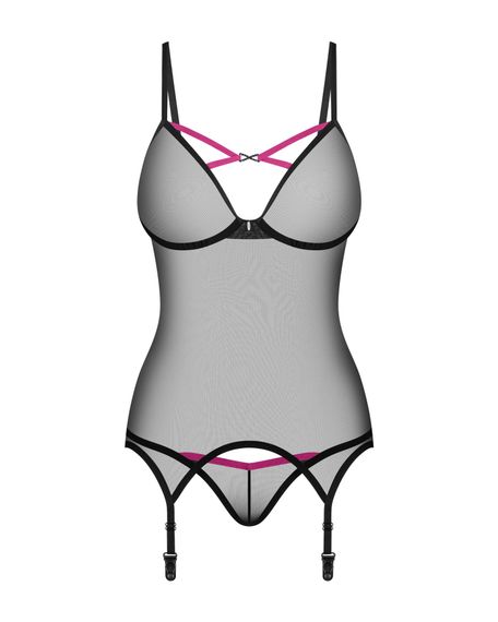 Корсет Obsessive Novenes corset & thong, XL/2XL, прозорий, відкрита спина, стрінги в комплекті | Зображення 3