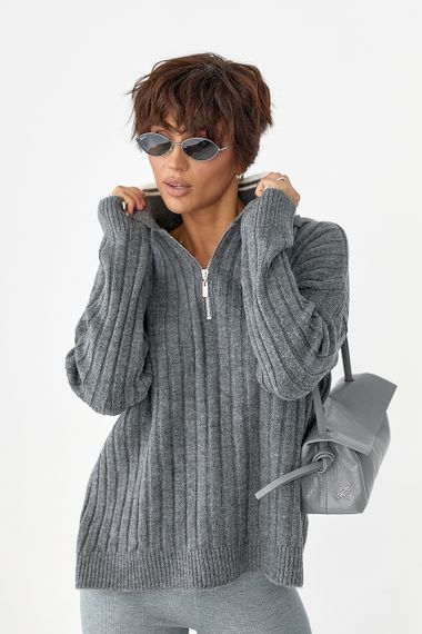 В'язана кофта-поло в широкий рубчик - сірий цвет, ONE SIZE (є розміри) | Зображення 4