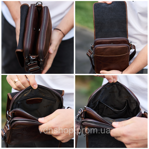 Барсетка з клапаном через плече 24х20х6, чоловіча сумка з гладкою шкірою Tiding Bag TD-81020 коричнева | Зображення 6