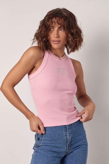 Женская майка в рубчик с надписью Wang из термостраз - розовый цвет, L (есть размеры)