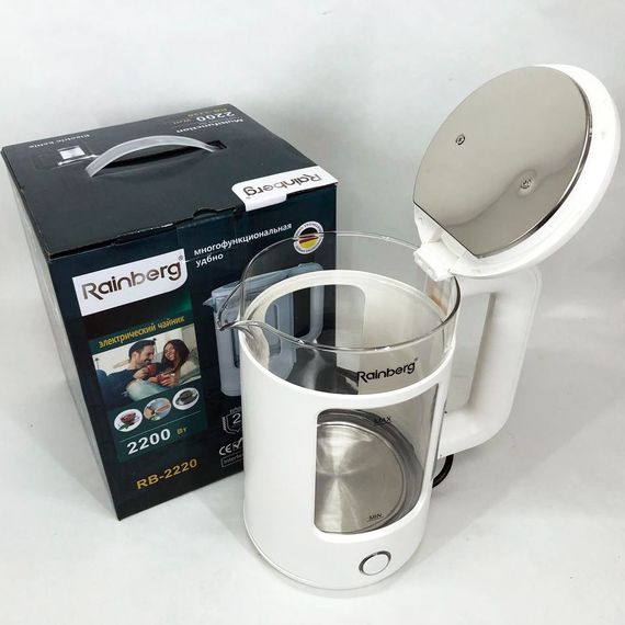 Електрочайник Rainberg RB-2220 скляний дисковий прозорий. Чайник із підсвічуванням 2200 Вт. Колір: білий