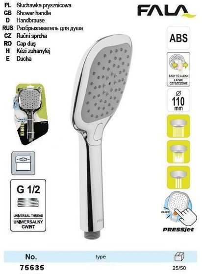 Лейка для душа Польша пластик ABS хром MIMAS 3 режима 110 мм G1/2 FALA-75635