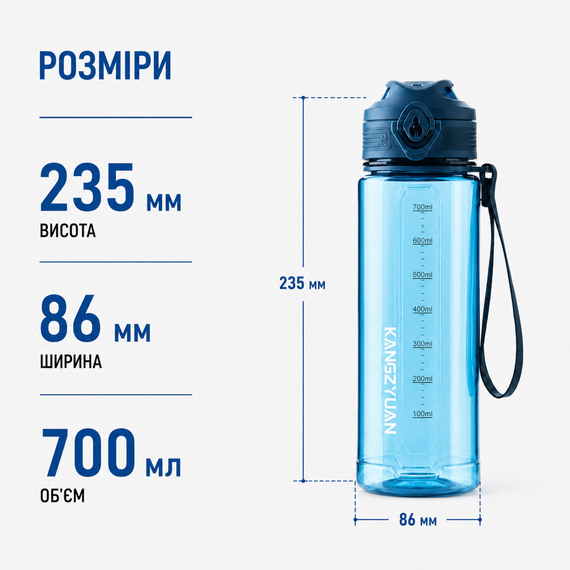 Бутылка для воды KANGZYUAN 700 мл Tritan спортивная, BPA Free, с герметичной крышкой, Голубая | Зображення 3