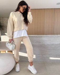 Женский спортивный прогулочный костюм штаны и худи с эффектом футболки, LI2046 цвет бежевый, размер 50/52