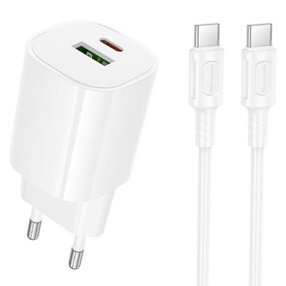 СЗУ Borofone BA104A Pudding PD20W+QC3.0 (1USB-A/1C) + кабель Type-C to Type-C White