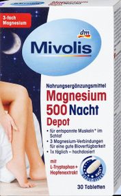 Вітаміни Mivolis нічний Магній 500 мг. з L-триптофаном та екстрактом хмелю для заспокоєння нервової системи, 30 шт., Німеччина
