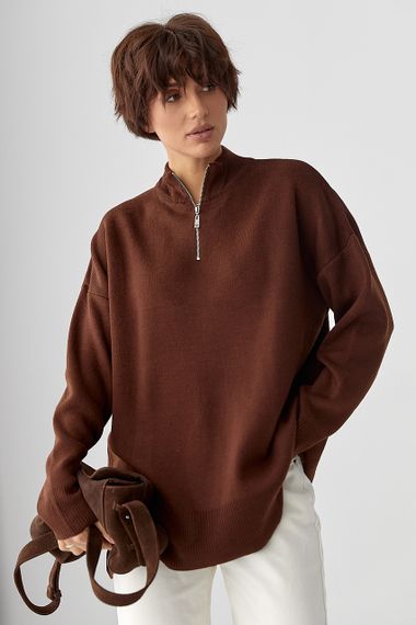 Светр оверсайз з блискавкою на горловині - коричневий цвет, ONE SIZE (є розміри)