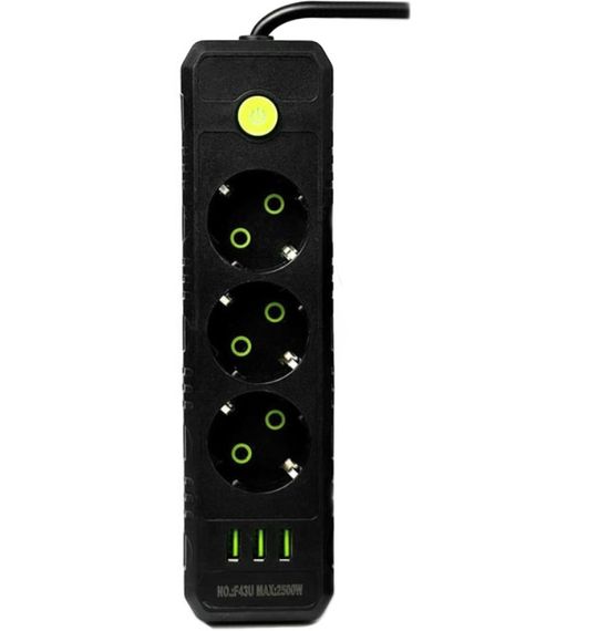 Подовжувач UA Power F43U 3USB на 3 розетки, 4 м, чорний
