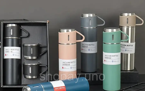 Вакуумный термос из нержавеющей стали Vacuum Flask Set 500 мл с чашками в комплекте 3* 150 мл ∙ Подарочный набор 3 в 1 | Зображення 3