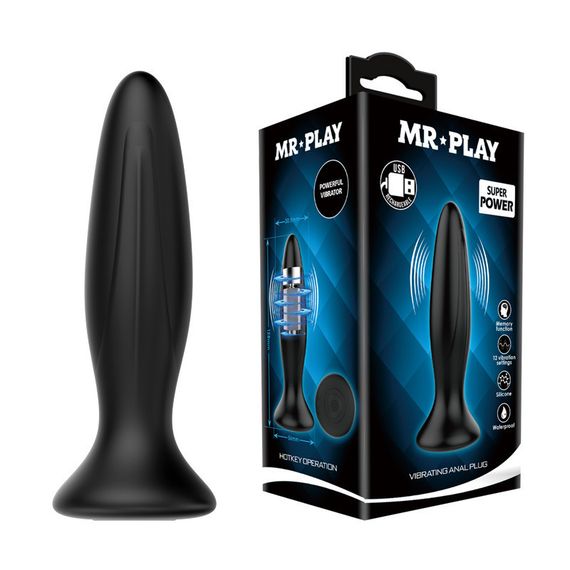 Анальна пробка силіконова з вібрацією MR PLAY чорна, 12.8 х 3 см Sex Aura
