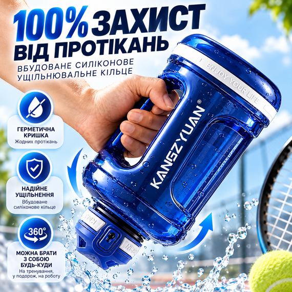 Спортивная бутылка для воды KANGZYUAN 2200 мл Tritan BPA Free, ударопрочная, синяя, с ручкой, ремешком и фильтром | Зображення 7