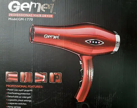 Фен для сушіння укладання волосся Gemei Gm-1770 2200 Вт електрофен червоний | Зображення 1