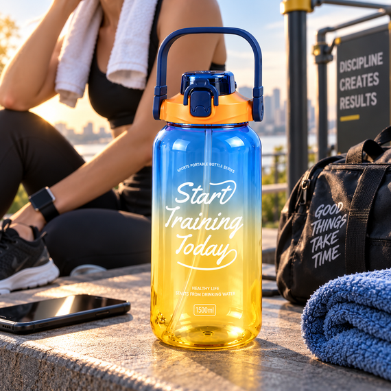 Спортивна пляшка для води START TRAINING 1500 мл синьо-жовта з трубочкою, ручкою та ремінцем | Зображення 5