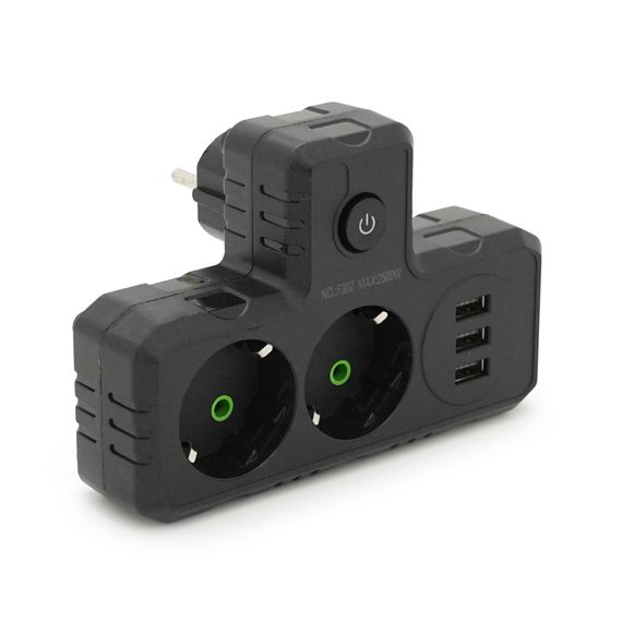 Розетка трійник Т-подібний із заземленням F302-Black, 2 розетки+3USB(1А), 2500W, 10A, 110-250V~Max, Blister