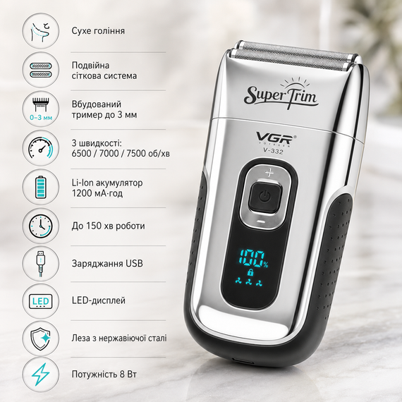 Бритва VGR V 332 Silver / Шейвер сеточный на USB / Электробритва с двойным лезвием и триммером | Зображення 2