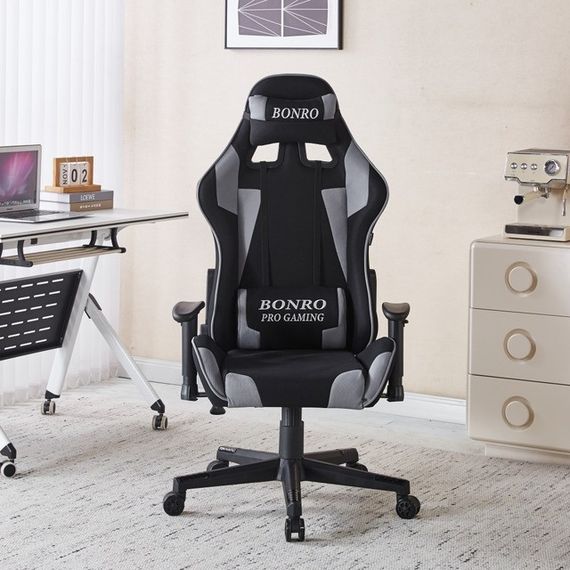 Крісло геймерське з тканини Bonro Бонро B-142 чорно-сіре + 2 подушки (42401117) | Зображення 2