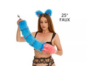 Анальный хвост с лентой без пробки, Ярко-голубой с ярко-розовым кончиком, OKOVA 60 см. sexstyle