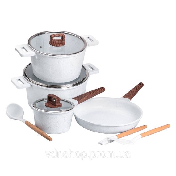 Набір посуду алюміній з товстим дном MGC з лопаткою, ополоником і щіткою білий HP-4-406W