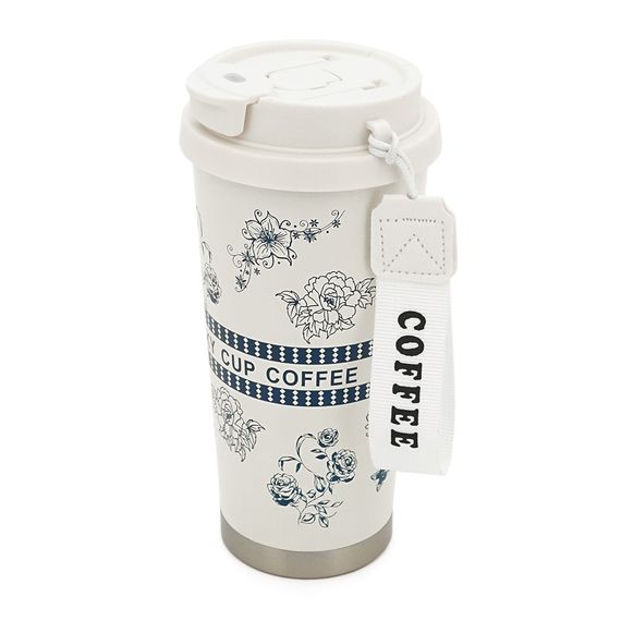 Термокухоль пластиковий Merlion Coffee, з трубочкою, об'єм 500мл., колба з нержавіючої сталі, біла з сірим