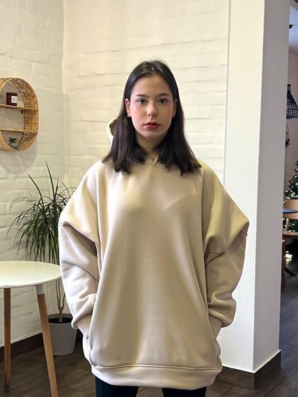 Жіноче тепле худи супер оверсайз подовжений на флісі колір бежевий розмір S/L AtD0034