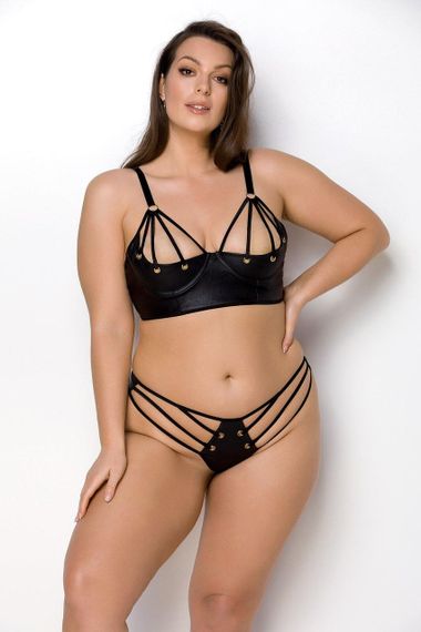 Комплект з екошкіри Passion MALWIA BIKINI 6XL/7XL black, з люверсами та ремінцями, бра, трусики sexstyle