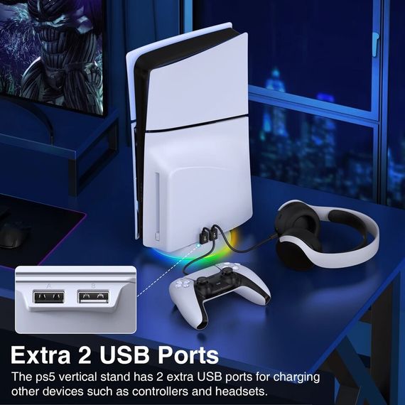 Вертикальний стенд BebonCool для Sony PlayStation PS5 Slim з RGB підсвічуванням і 2 USB Hub Білий | Зображення 3