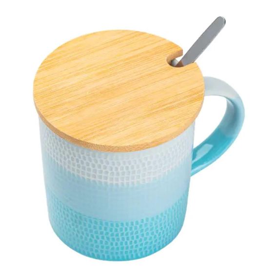 Чашка з бамбуковою кришкою та ложкою порцелянова 350 мл Блакитний HP7201LB | Зображення 3