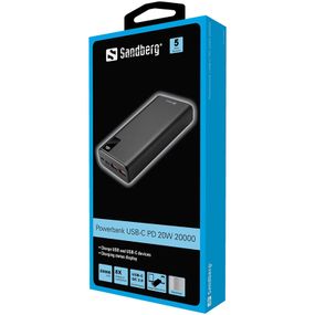 УМБ Sandberg 20000mAh 20W 3A PD,QC3.0, 2xUSB, Type-C OUT