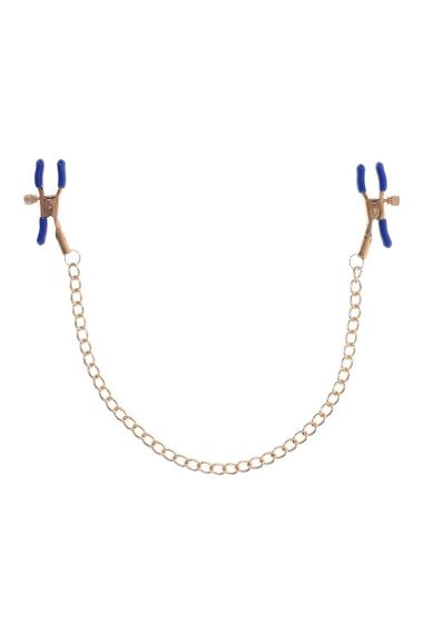 Золотистые зажимы для сосков Sex & Mischief Cougar Chained с синими наконечниками sexstyle | Зображення 2