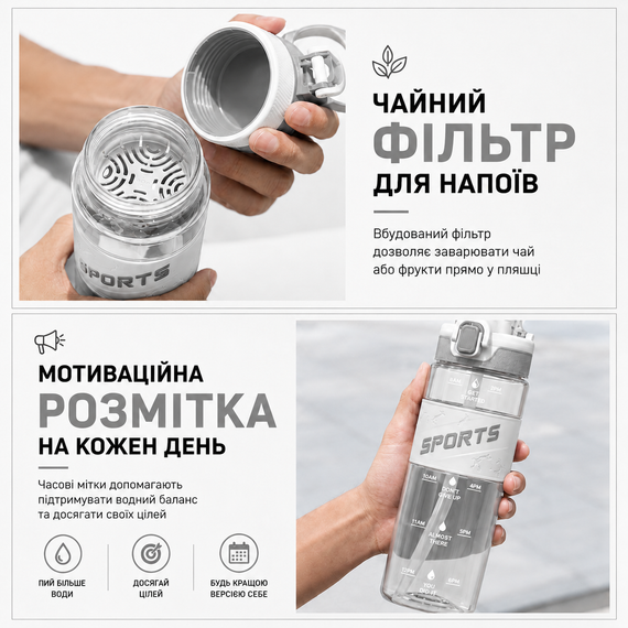 Спортивная бутылка для воды Sport 500 мл (0,5 л) белая, ударопрочный Тритан (BPA Free), с трубочкой и ручкой | Зображення 6