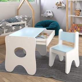 Набір дитячих меблів столик з ящиком та стільчик 70×45×51, стіл та стілець для дітей, білий з блакитним