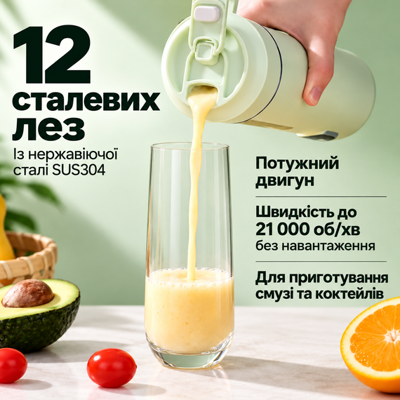 Портативный блендер-шейкер HS-889 530 мл, 12 лезвий SUS304, аккумулятор 1300 мАч, USB Type-C, для смузи и коктейлей, зеленый | Зображення 3