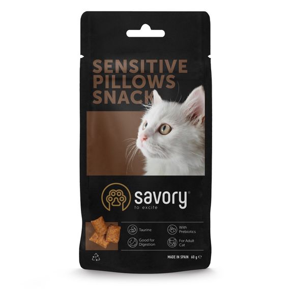 Хрустящие лакомства Savory Cats Snacks Pillows Sensitive для взрослых котов с чувствительным пищеварением, 60 г