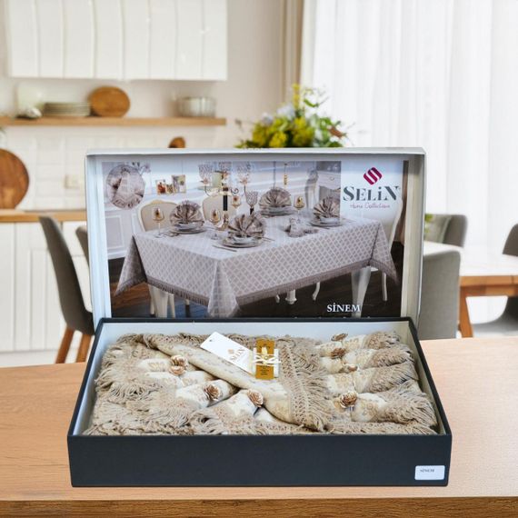 Скатертина Selin Sinem Set 160×220+8 серветок бежева | Зображення 1