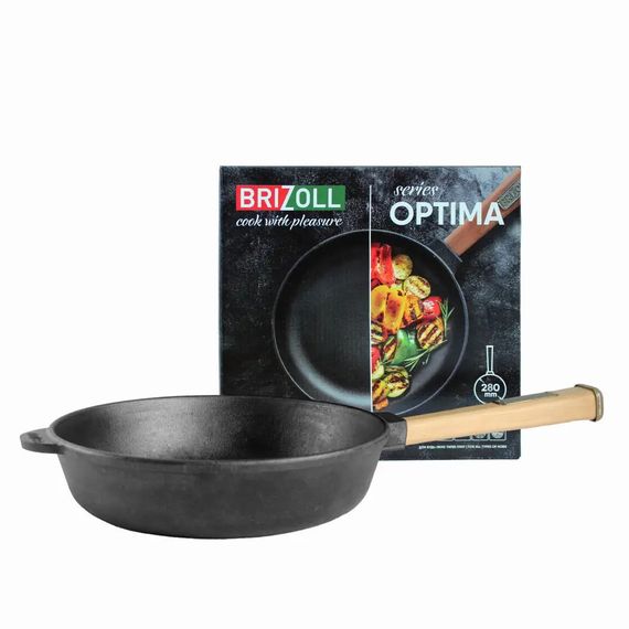 Сковорода чавунна Brizoll Optima 28 см O2860-P з дерев'яною ручкою для всіх плит | Зображення 1