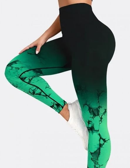 Легінси жіночі спортивні з пуш-ап Tie Dye gradient 18765 L чорні із зеленим | Зображення 2