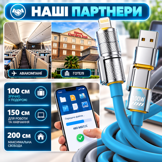 Кабель зарядний 4 в 1 універсальний 1 м блакитний для швидкого заряджання та передачі даних із захистом від перегріву | Зображення 3