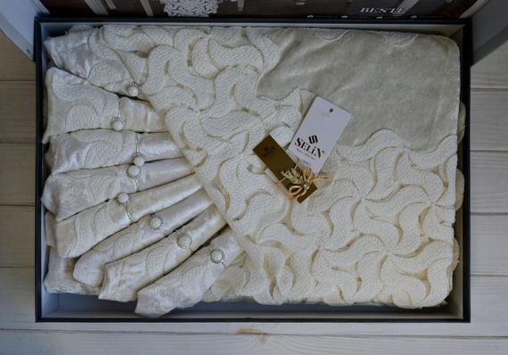 Велюрова скатертина з ранером Selin Beste Set 160×220+8 серветок кремова | Зображення 2