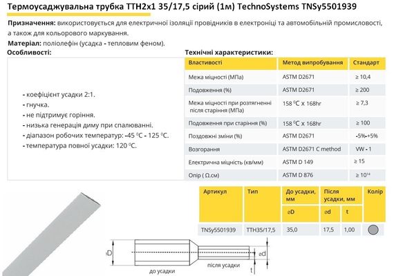 Термоусадочна трубка ТТН2х1 35/17.5 сіра 1 метр Ny95501939 | Зображення 1