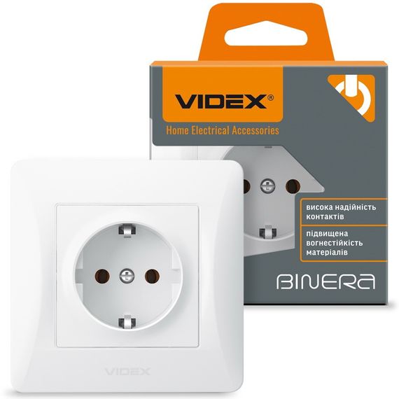 Одинарная розетка с заземлением и повышенной огнеупорностью VIDEX BINERA VF-BNSK1G-W белая | Зображення 1