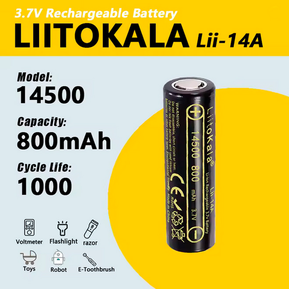 Акумулятор 14500, LiitoKala Lii-14A, 800 мАг, оригінал, LiitoKala Lii-14A, 800mah | Зображення 1