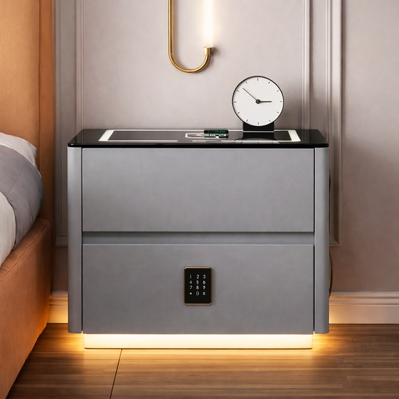 Умная прикроватная тумба QYJXF02 со встроенным кодовым сейфом, Bluetooth-колонкой и USB, сенсорная подсветка, экокожа, серая | Зображення 2