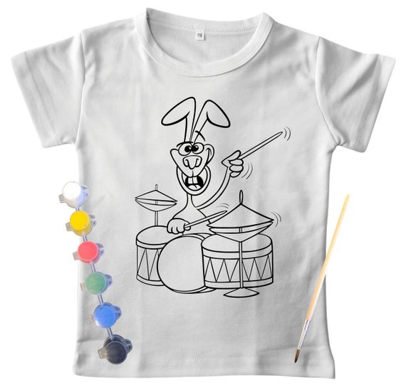 Детский набор для творчества Футболка раскраска "Заяц барабанщик" белая 104