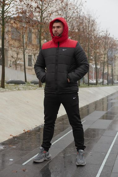 Комплект чоловічий Nike: куртка зимова "Frost" червоно-чорна + штани з тринитки утеплені чорні