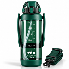 Бутылка для воды TKK 1400 мл зеленая спортивная Tritan BPA Free ударопрочная с соломинкой, ручкой и ремешком через плечо
