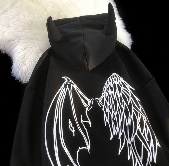 Женское теплое худи оверсайз с рожками на флисе, RO124/1, цвет черный, размер 42/46 | Зображення 3