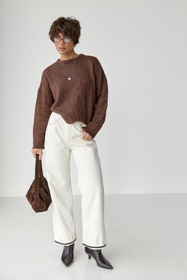 В'язаний теплий джемпер з візерунками косичок - коричневий цвет, ONE SIZE (є розміри) | Зображення 2